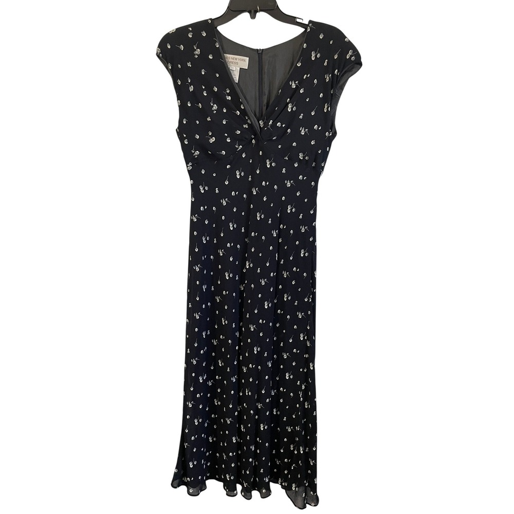 Vintage Jones New York Dress 12 Black Floral Rayon Midi Babydoll Whimsigoth 90's